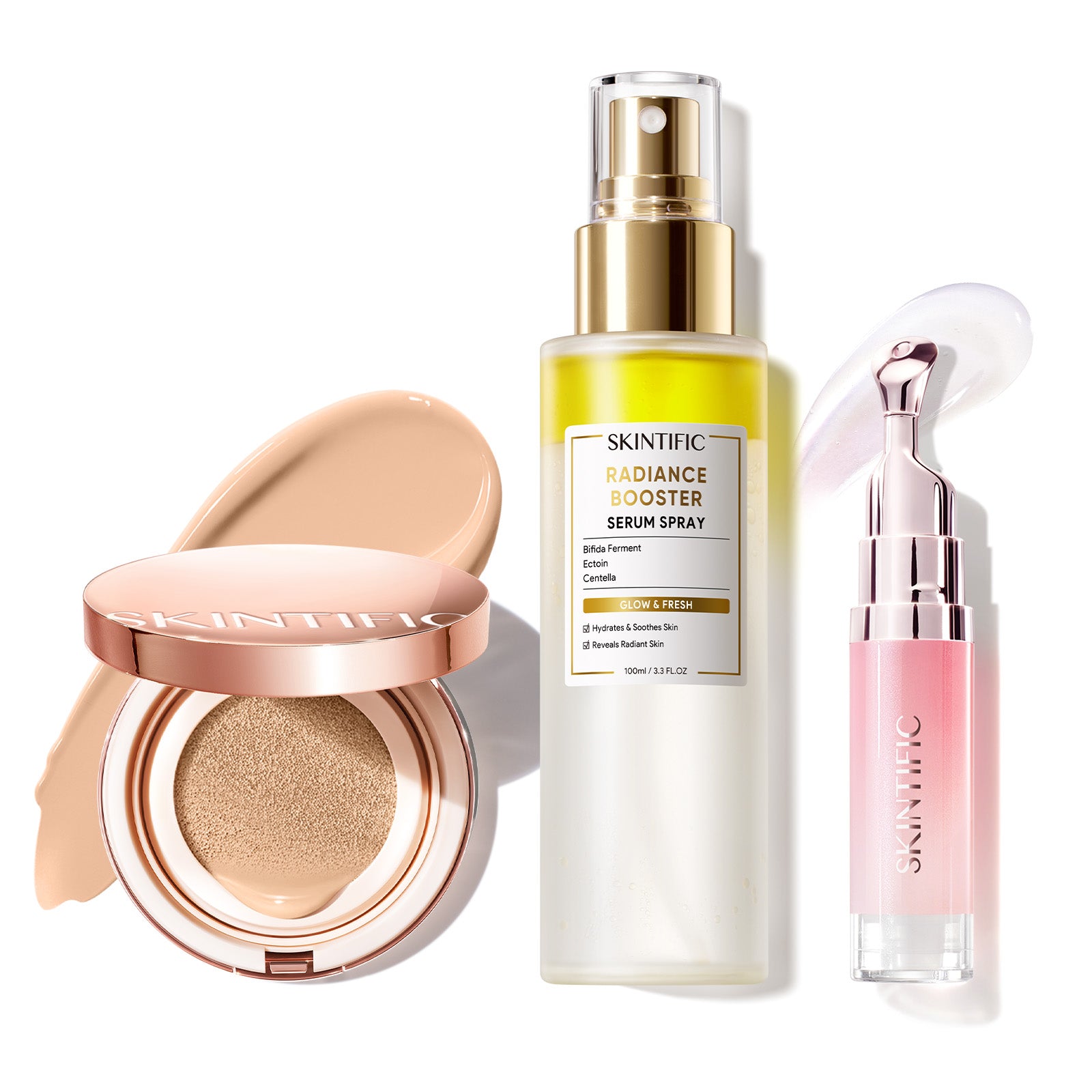 Cushion de cobertura de larga duración 12 horas + Spray sérum potenciador + Sérum labial