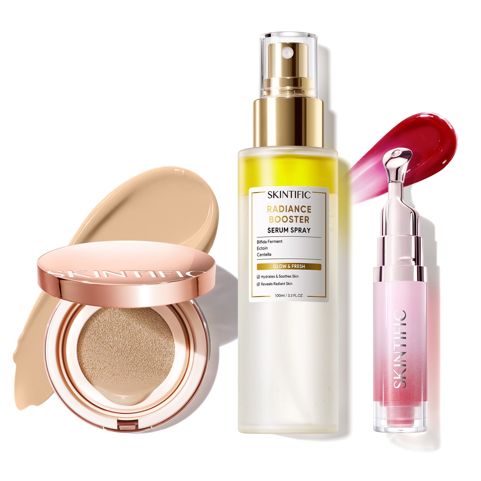 Cushion de cobertura de larga duración 12 horas + Spray sérum potenciador + Sérum labial