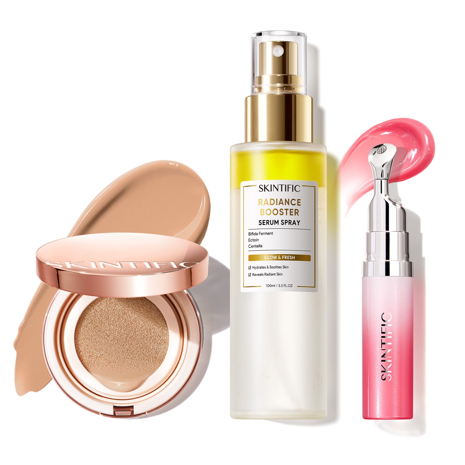 Cushion de cobertura de larga duración 12 horas + Spray sérum potenciador + Sérum labial