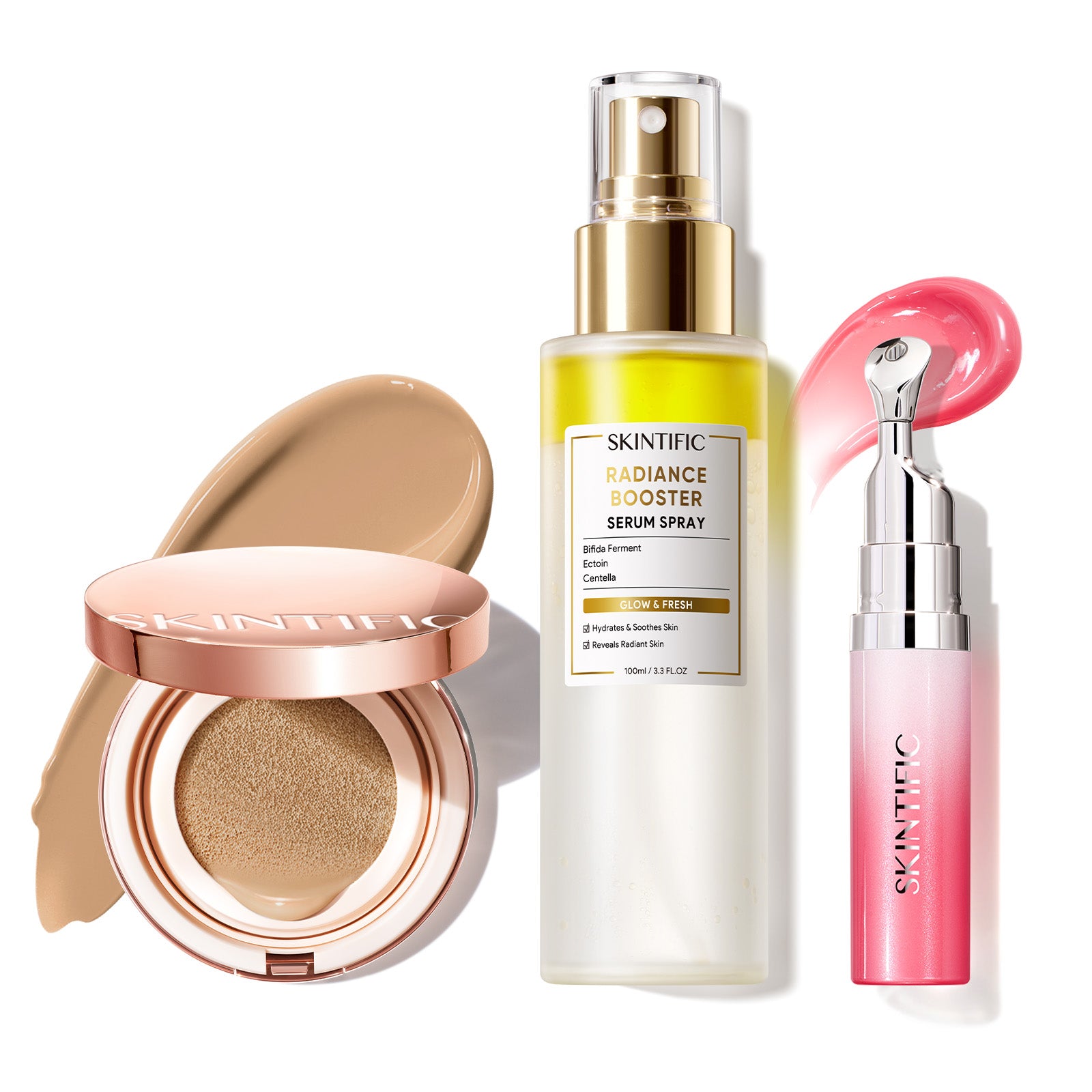 Cushion de cobertura de larga duración 12 horas + Spray sérum potenciador + Sérum labial