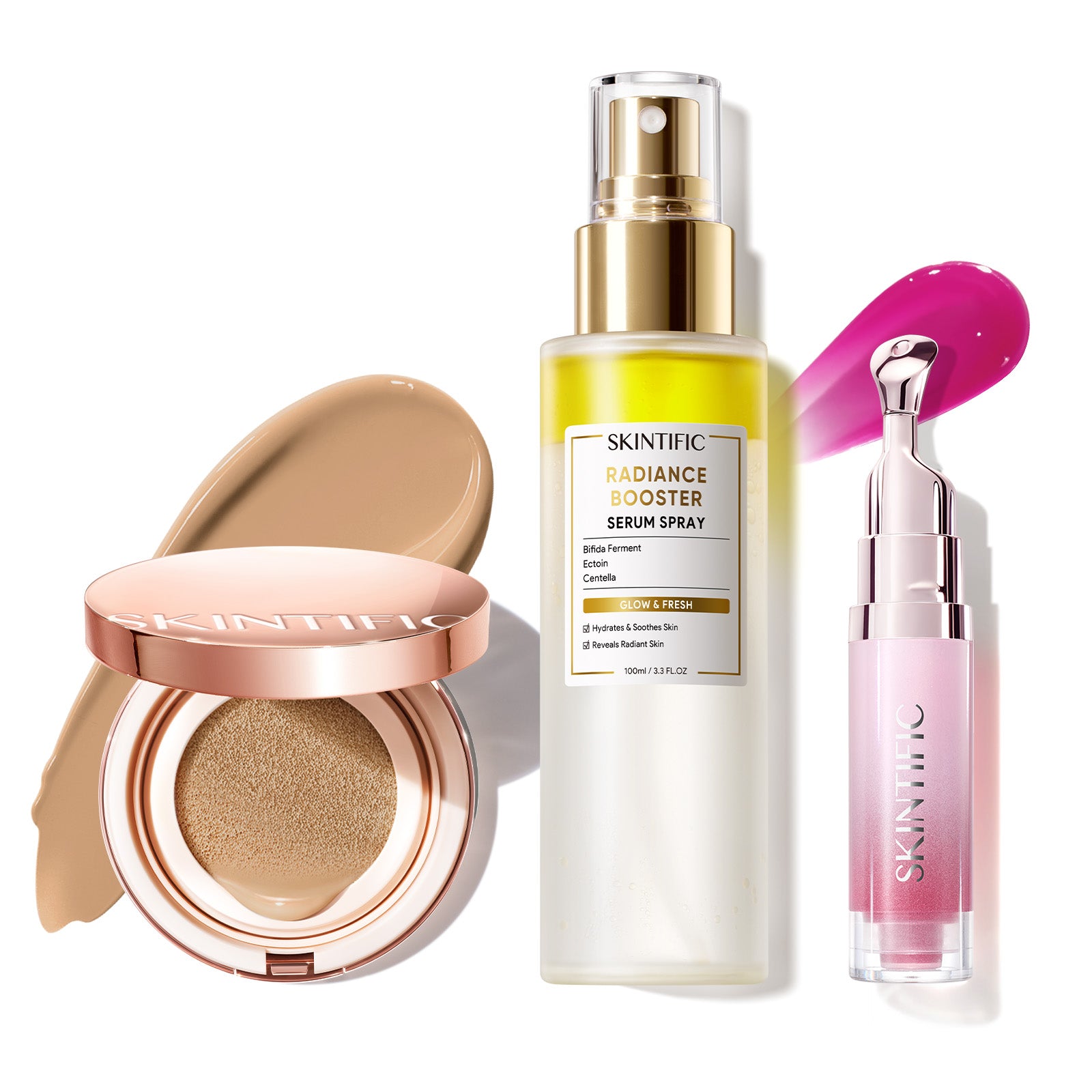 Cushion de cobertura de larga duración 12 horas + Spray sérum potenciador + Sérum labial