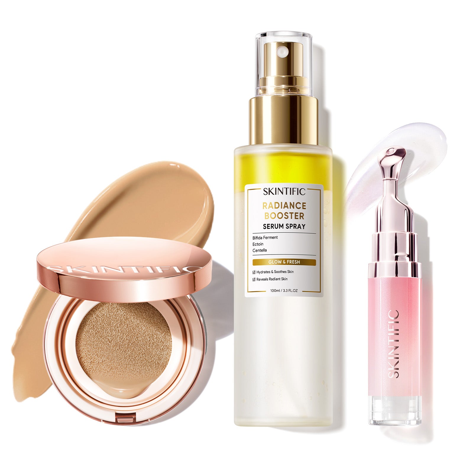 Cushion de cobertura de larga duración 12 horas + Spray sérum potenciador + Sérum labial