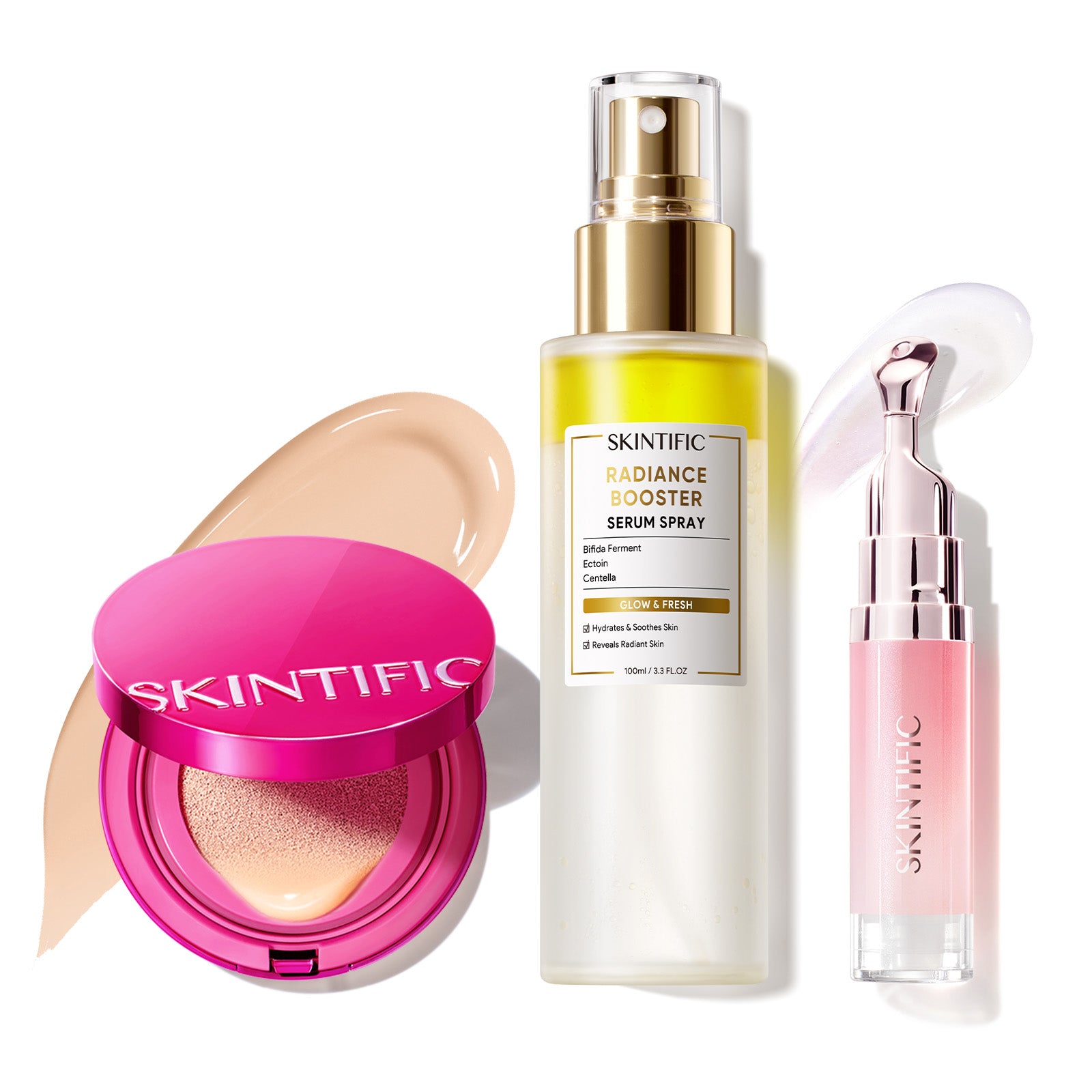 Cushion Glow Cover + Spray Sérum Potenciador + Sérum Labial