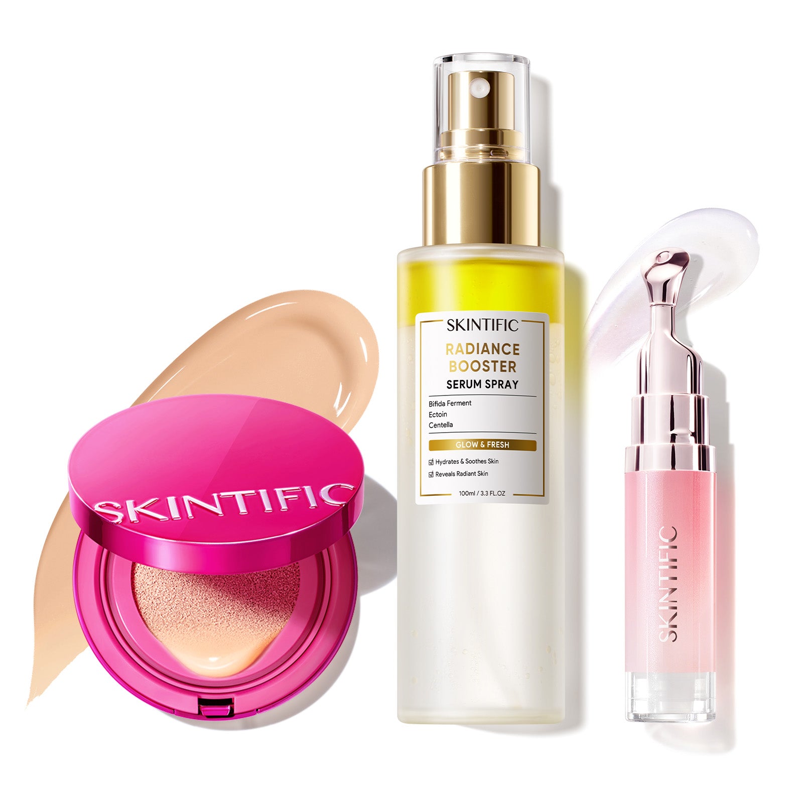 Cushion Glow Cover + Spray Sérum Potenciador + Sérum Labial