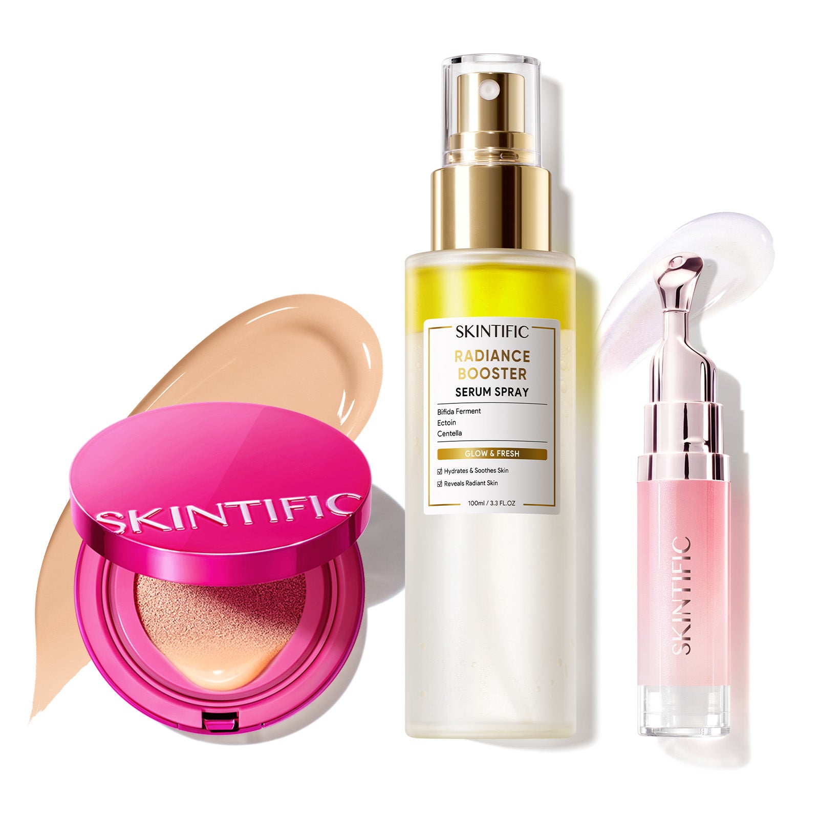 Cushion Glow Cover + Spray Sérum Potenciador + Sérum Labial