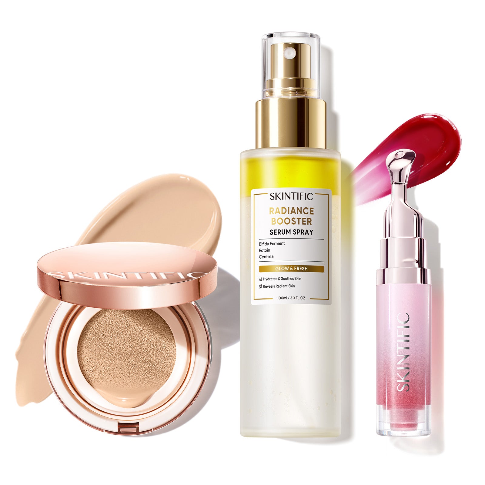 Cushion de cobertura de larga duración 12 horas + Spray sérum potenciador + Sérum labial