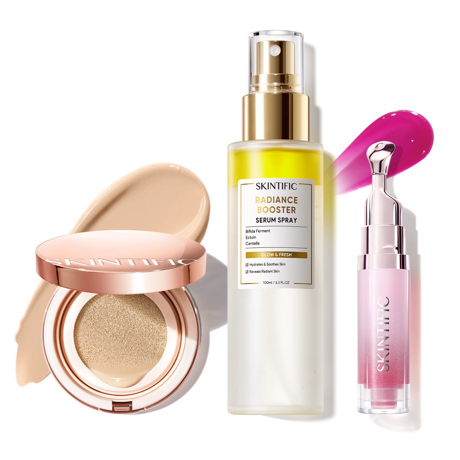 Cushion de cobertura de larga duración 12 horas + Spray sérum potenciador + Sérum labial