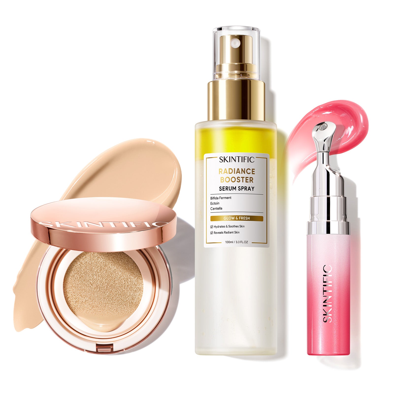 Cushion de cobertura de larga duración 12 horas + Spray sérum potenciador + Sérum labial