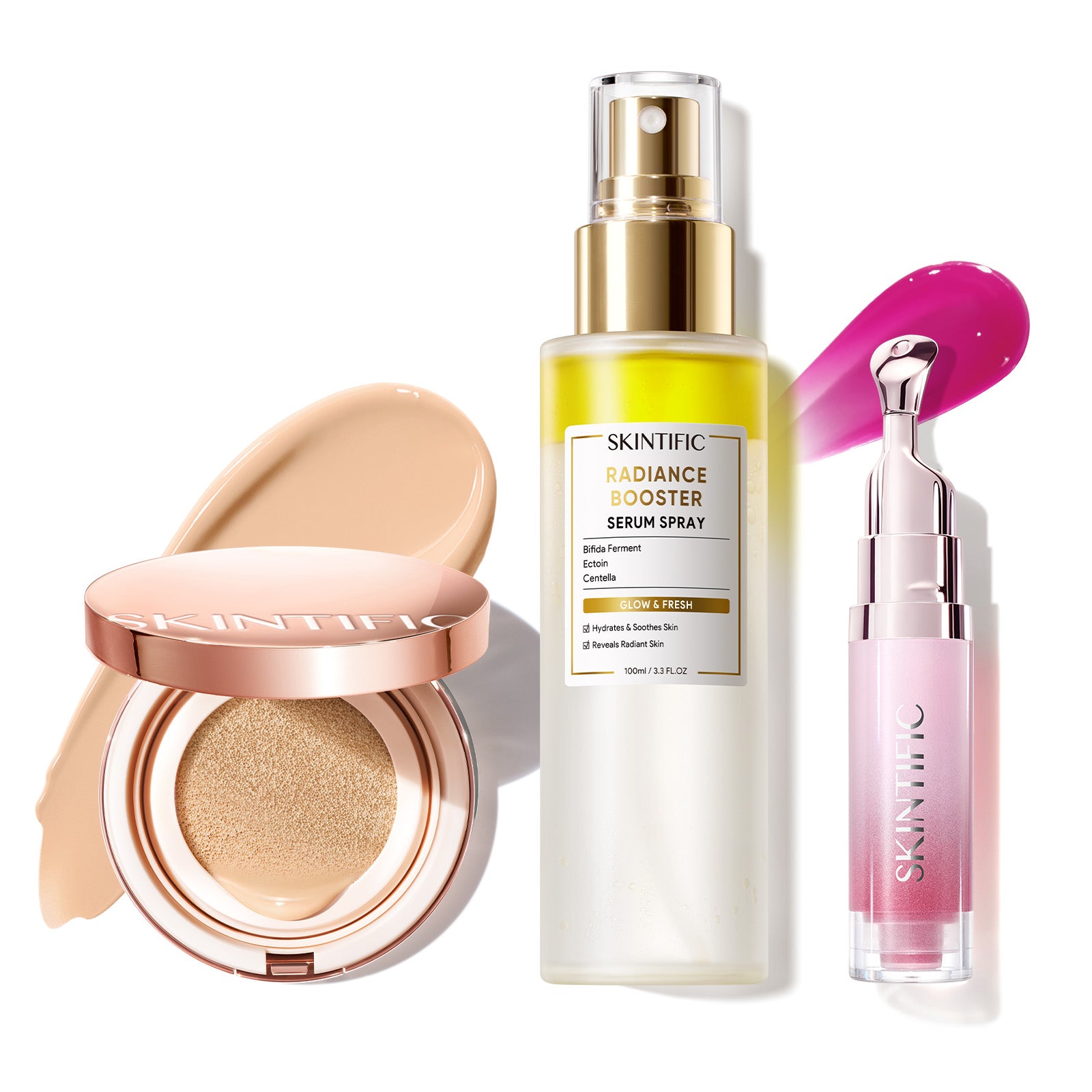 Cushion de cobertura de larga duración 12 horas + Spray sérum potenciador + Sérum labial