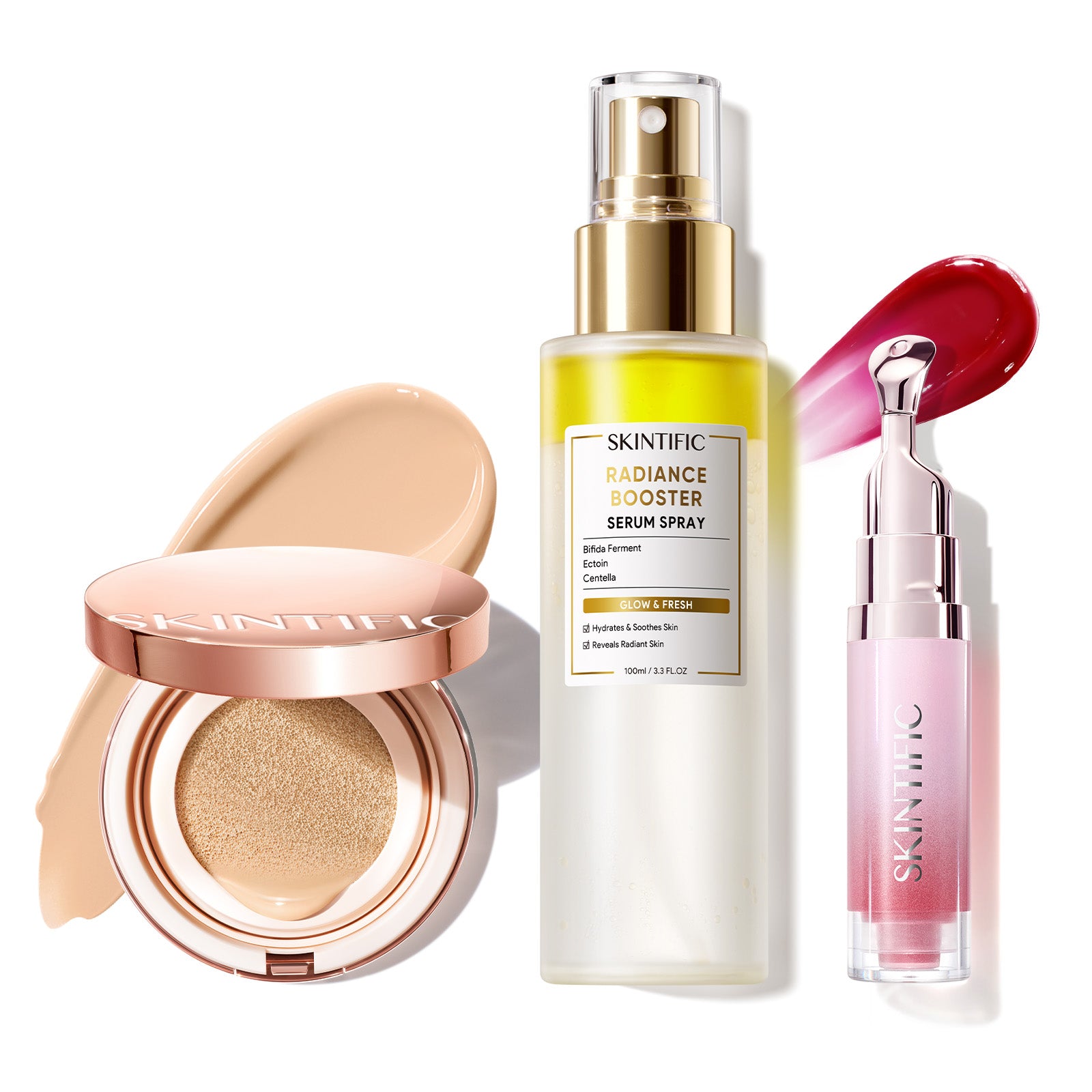 Cushion de cobertura de larga duración 12 horas + Spray sérum potenciador + Sérum labial