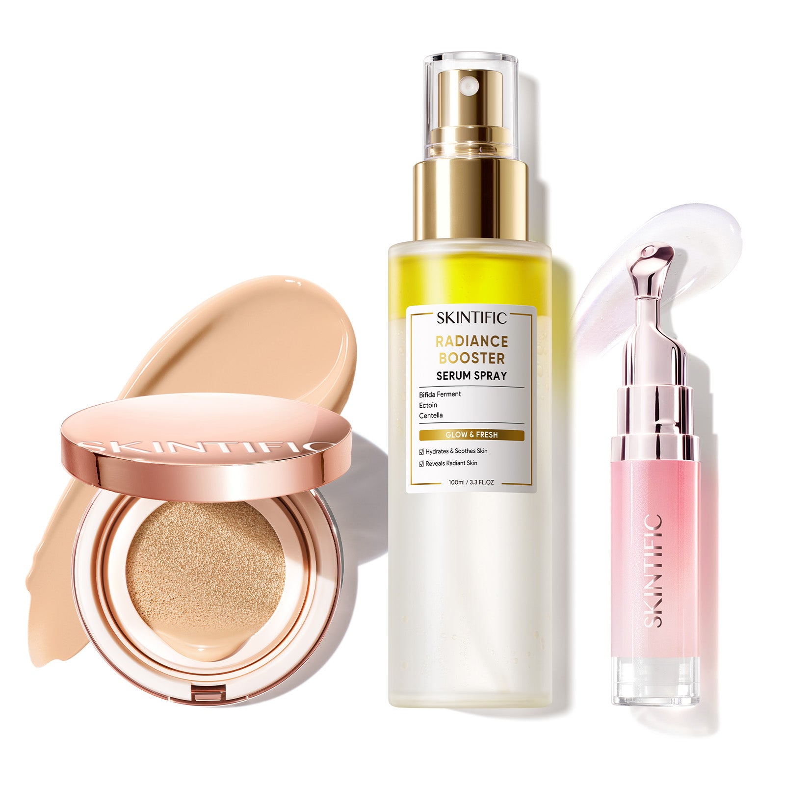 Cushion de cobertura de larga duración 12 horas + Spray sérum potenciador + Sérum labial