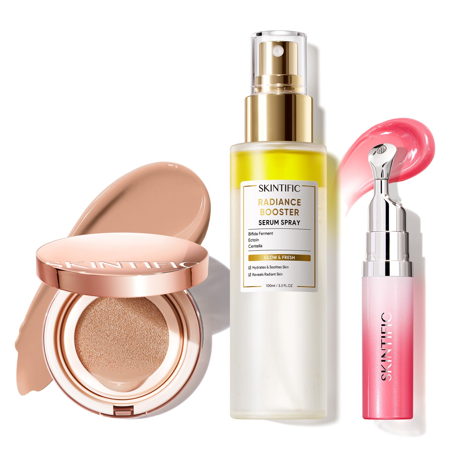 Cushion de cobertura de larga duración 12 horas + Spray sérum potenciador + Sérum labial