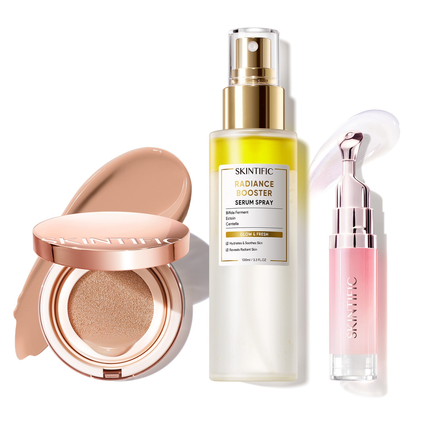 Cushion de cobertura de larga duración 12 horas + Spray sérum potenciador + Sérum labial