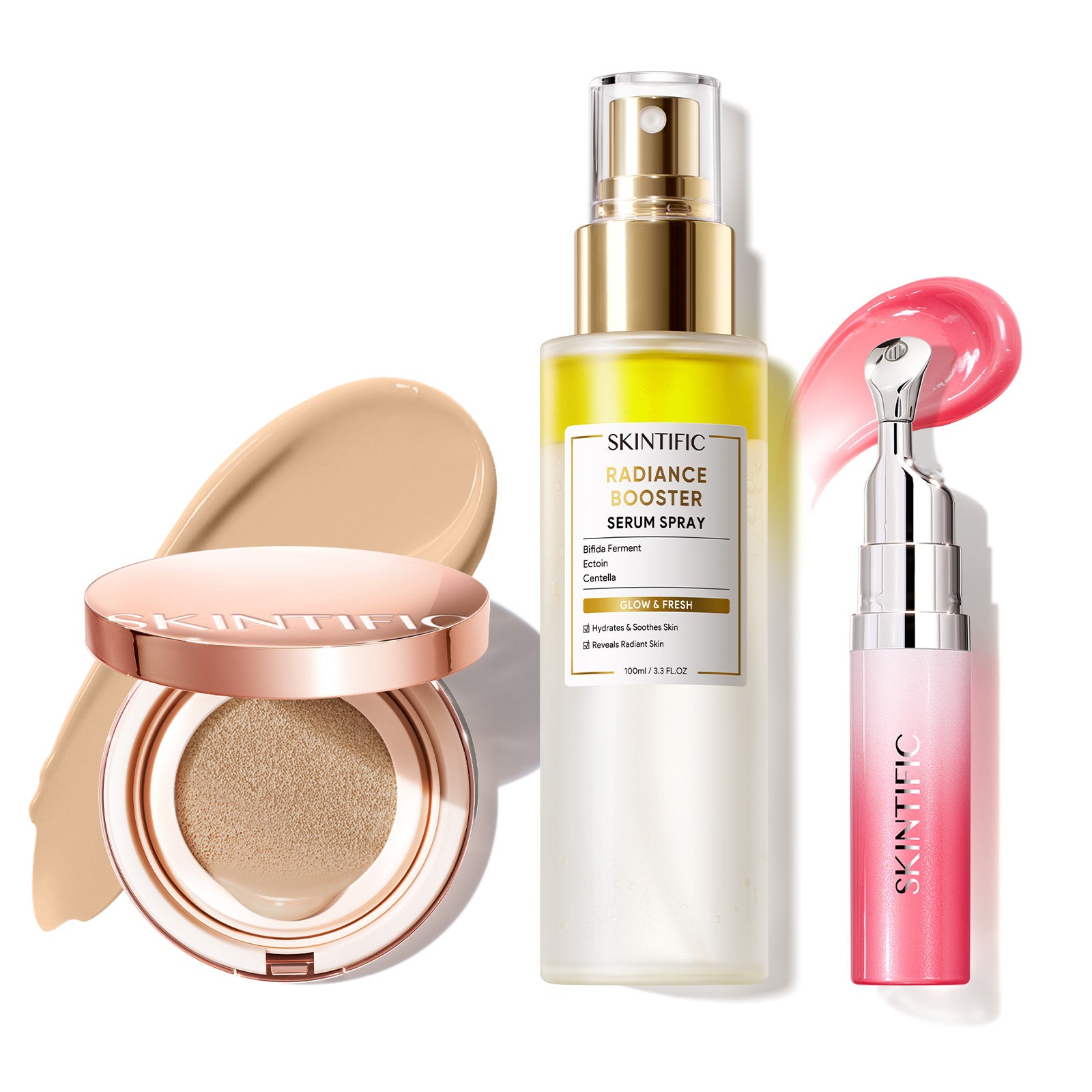 Cushion de cobertura de larga duración 12 horas + Spray sérum potenciador + Sérum labial