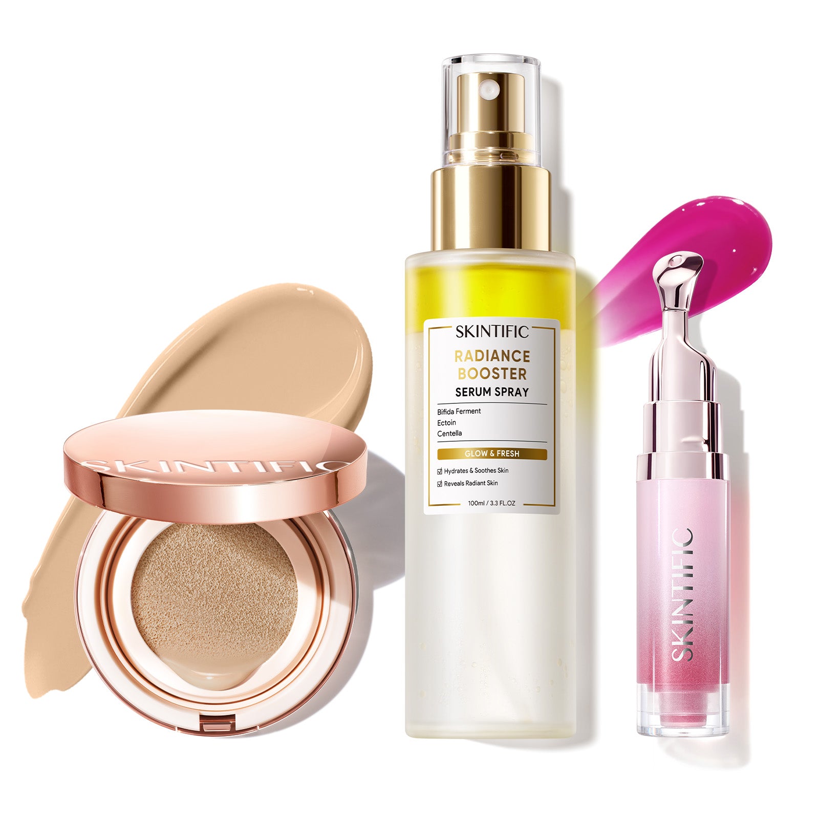 Cushion de cobertura de larga duración 12 horas + Spray sérum potenciador + Sérum labial