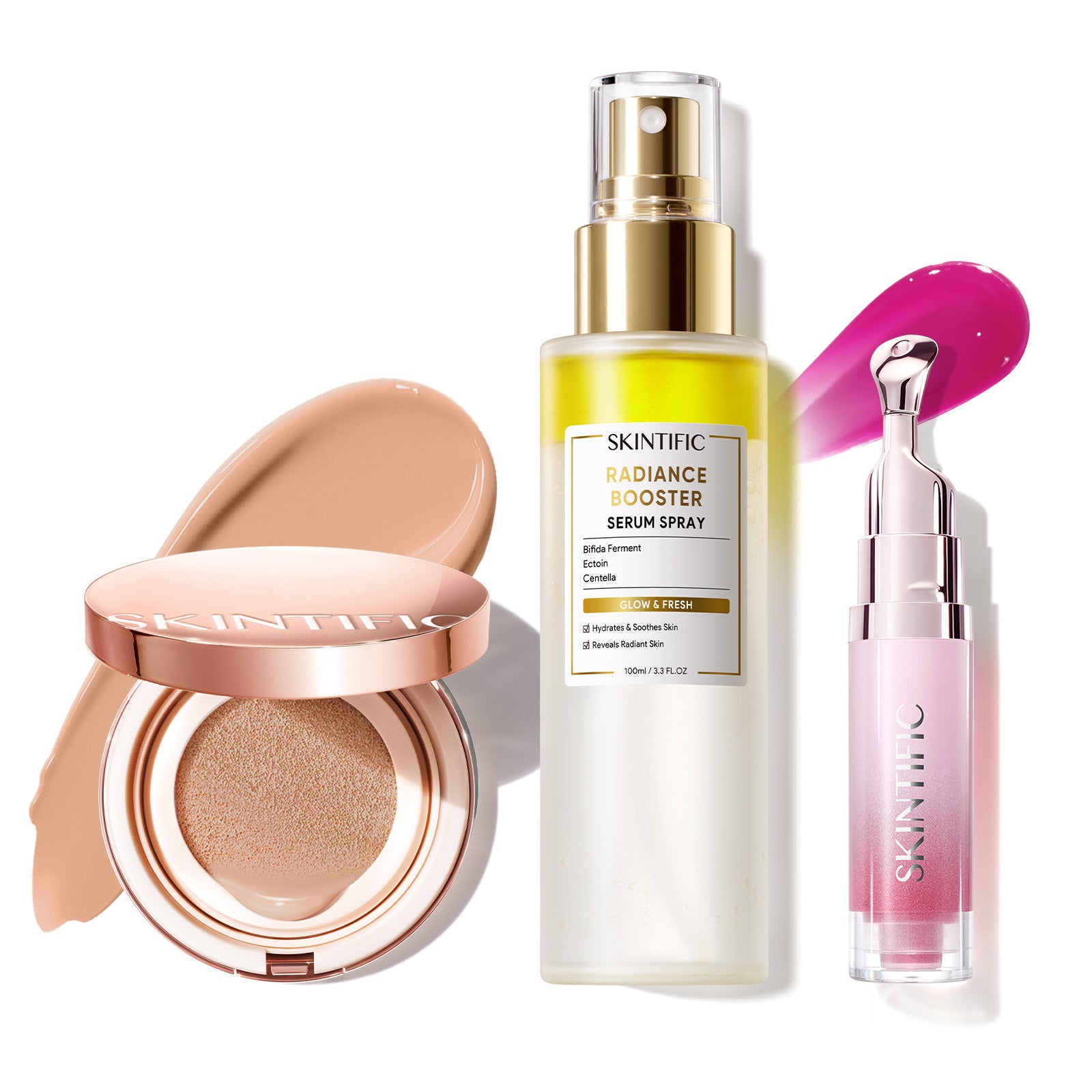 Cushion de cobertura de larga duración 12 horas + Spray sérum potenciador + Sérum labial