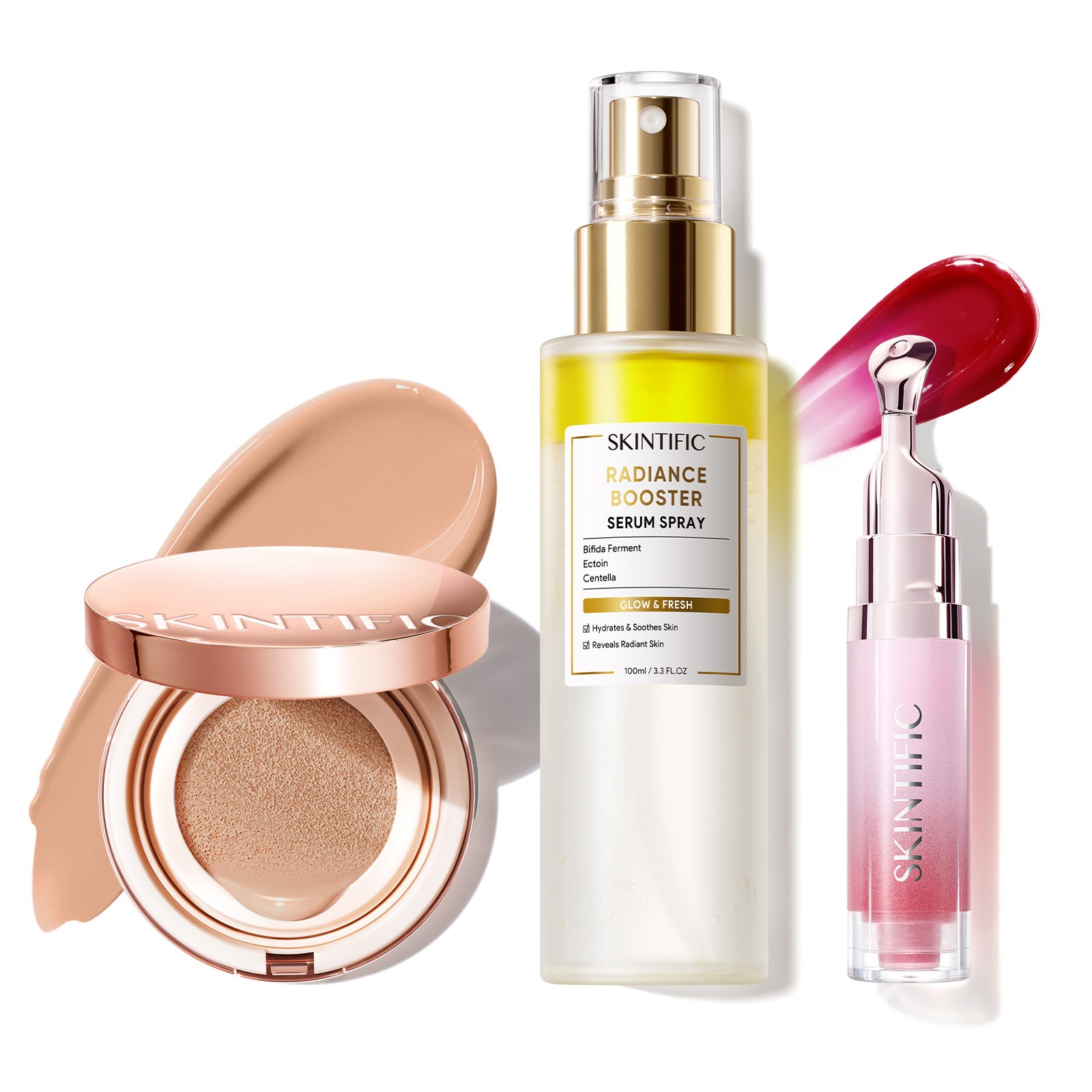 Cushion de cobertura de larga duración 12 horas + Spray sérum potenciador + Sérum labial