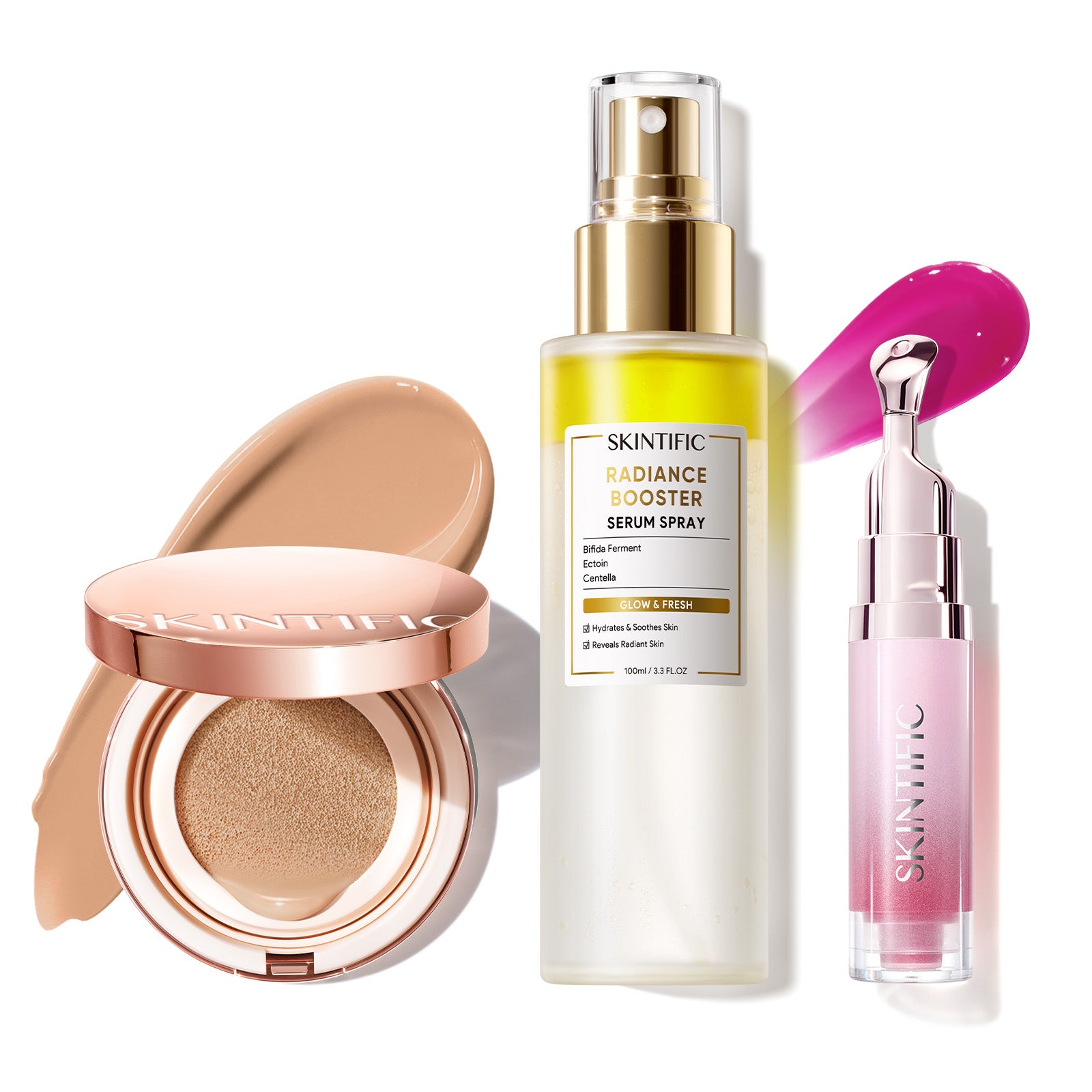 Cushion de cobertura de larga duración 12 horas + Spray sérum potenciador + Sérum labial