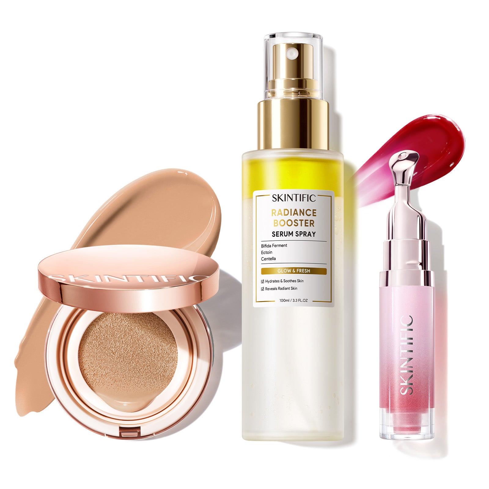 Cushion de cobertura de larga duración 12 horas + Spray sérum potenciador + Sérum labial