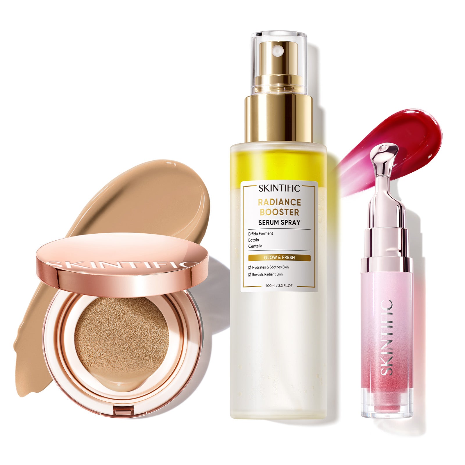 Cushion de cobertura de larga duración 12 horas + Spray sérum potenciador + Sérum labial