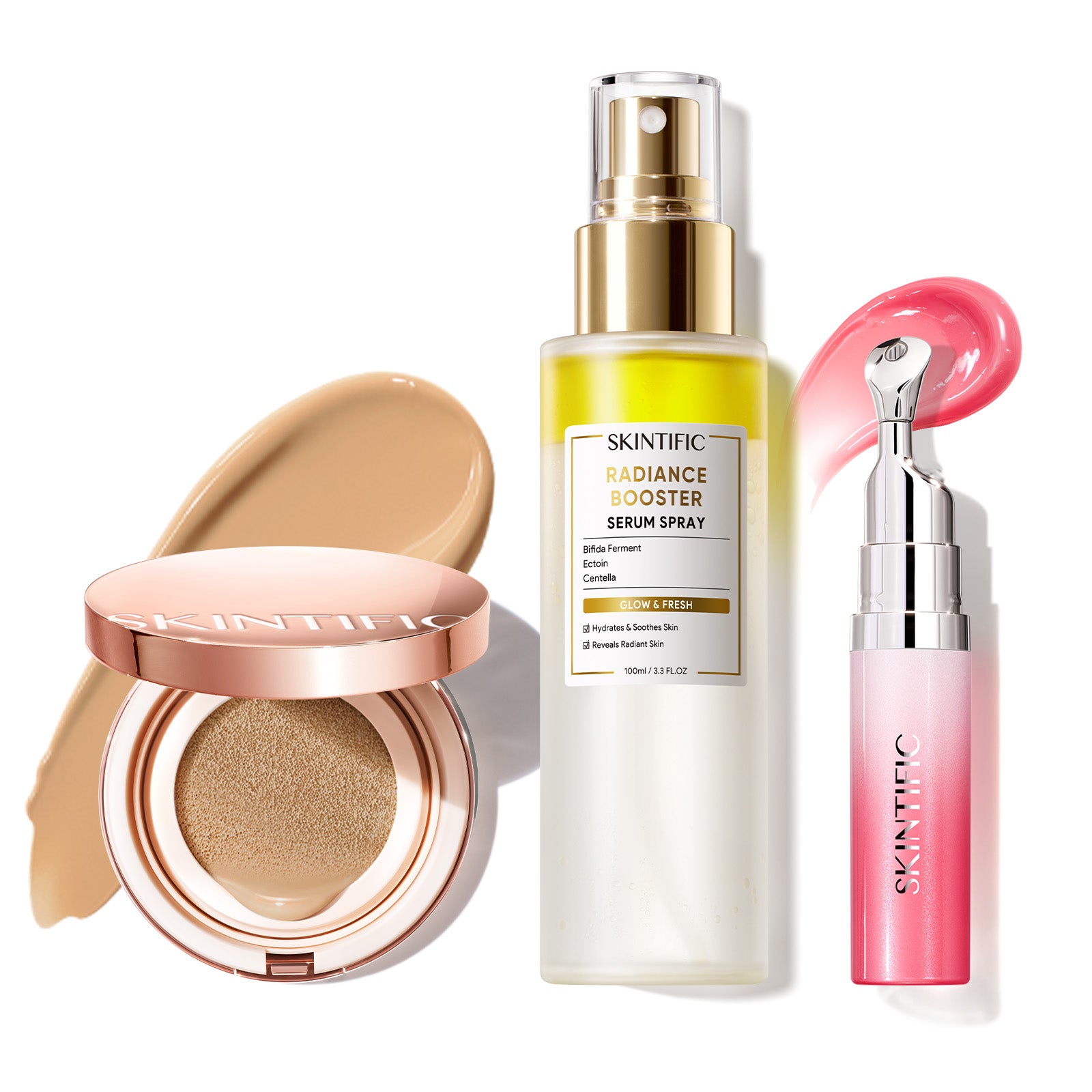 Cushion de cobertura de larga duración 12 horas + Spray sérum potenciador + Sérum labial