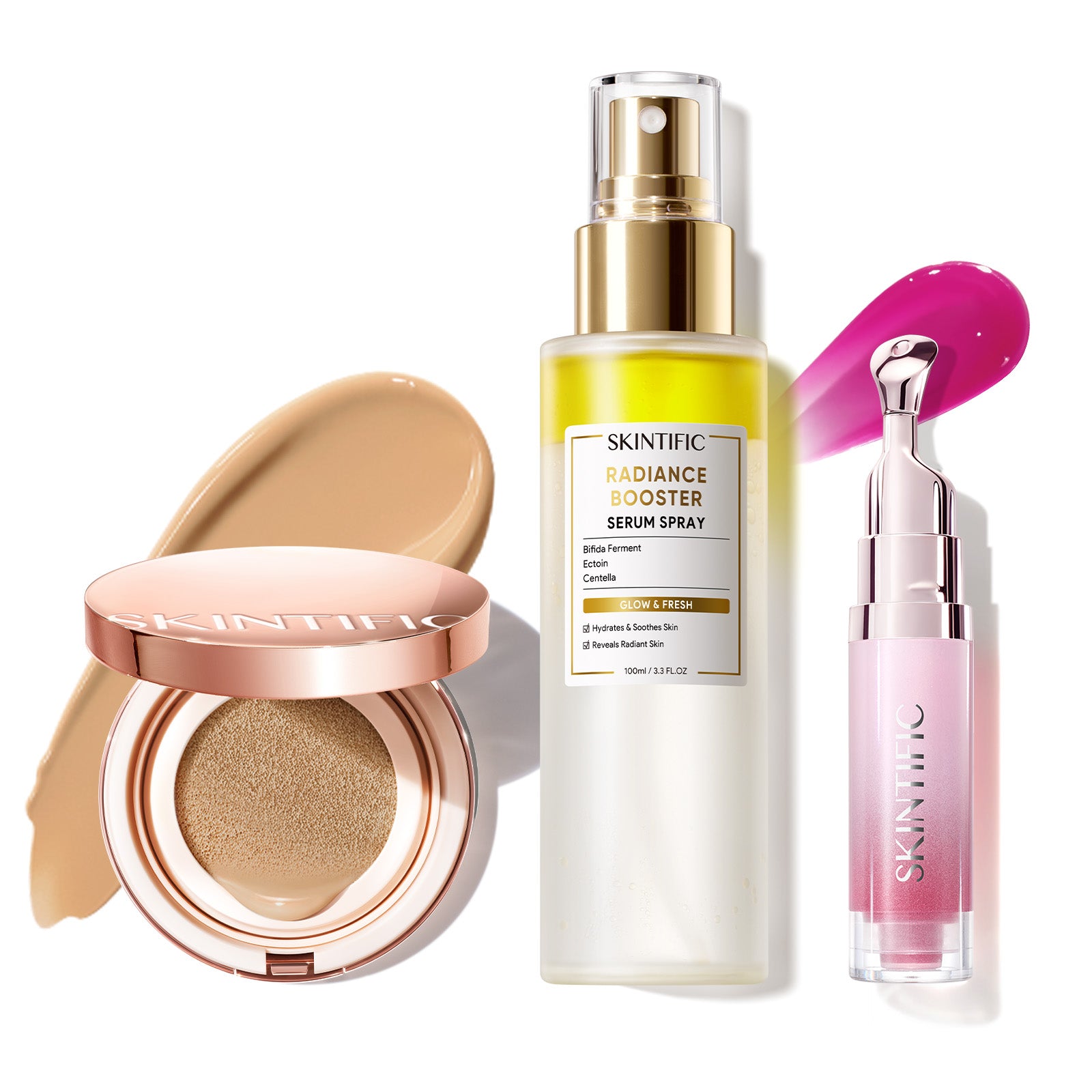 Cushion de cobertura de larga duración 12 horas + Spray sérum potenciador + Sérum labial