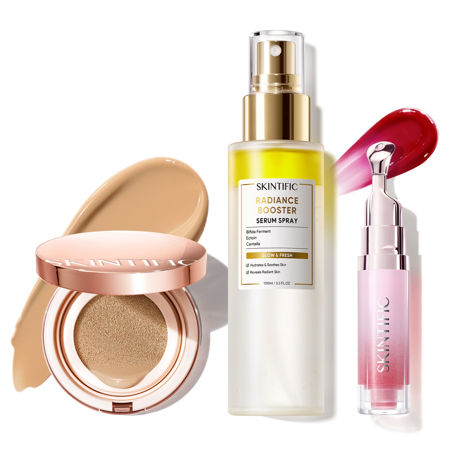 Cushion de cobertura de larga duración 12 horas + Spray sérum potenciador + Sérum labial