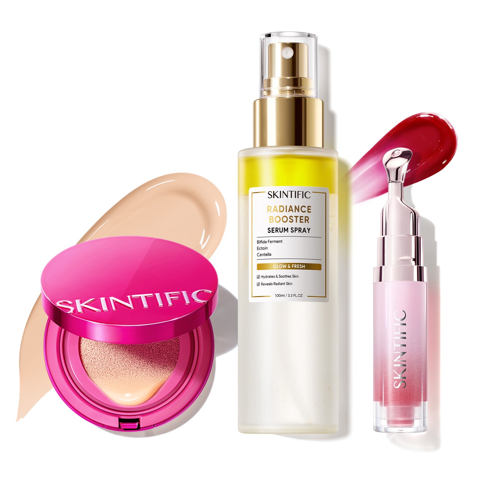 Cushion Glow Cover + Spray Sérum Potenciador + Sérum Labial