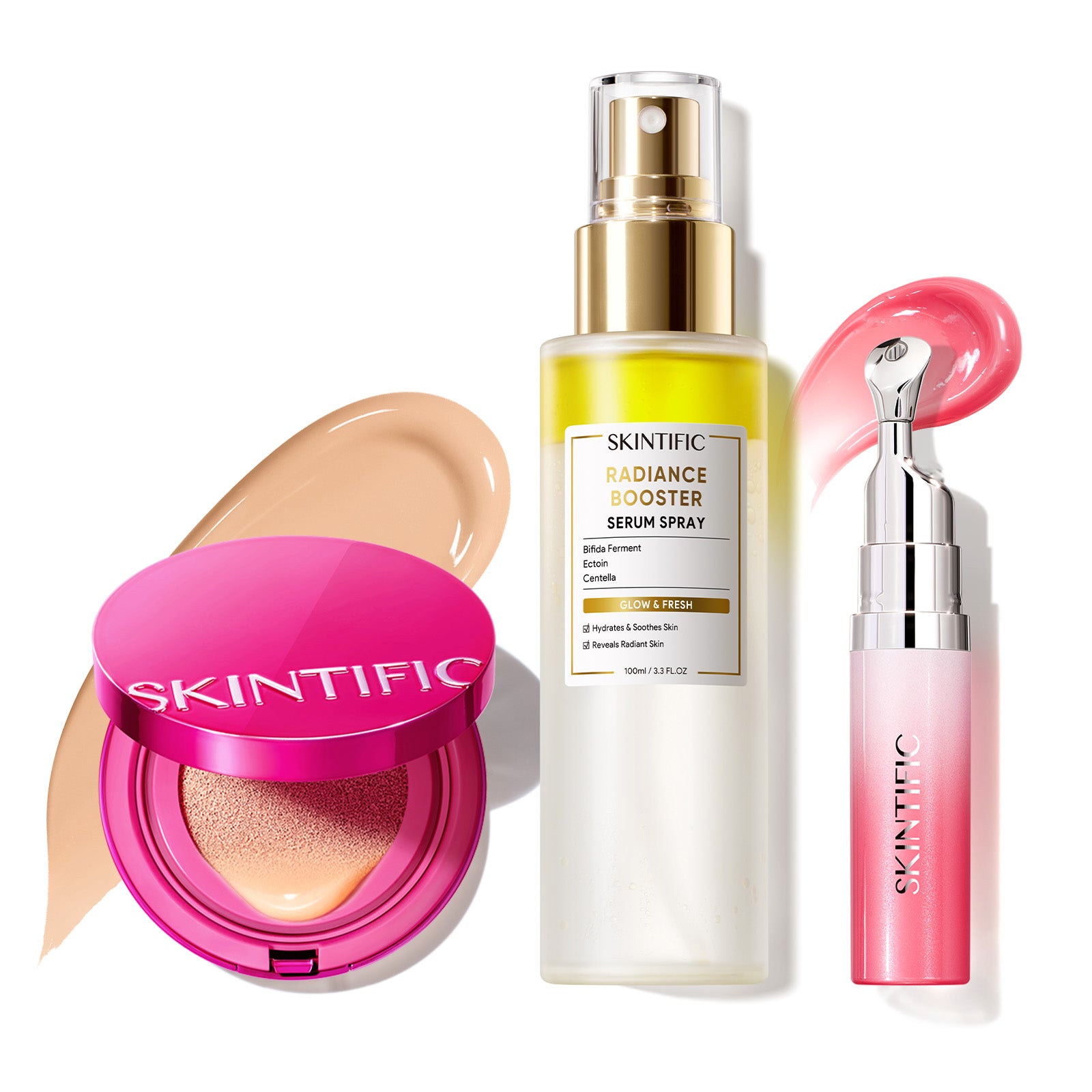Cushion Glow Cover + Spray Sérum Potenciador + Sérum Labial