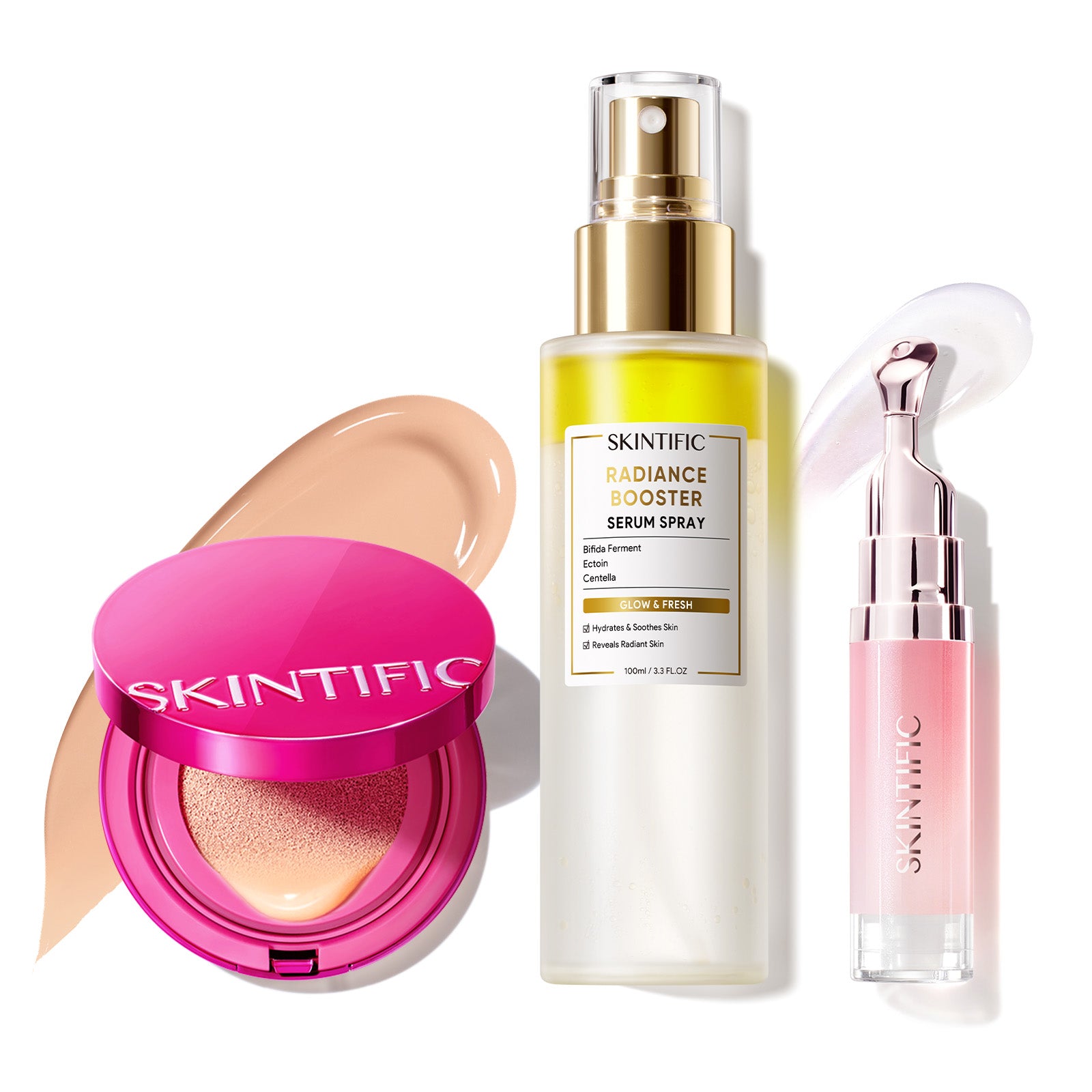 Cushion Glow Cover + Spray Sérum Potenciador + Sérum Labial