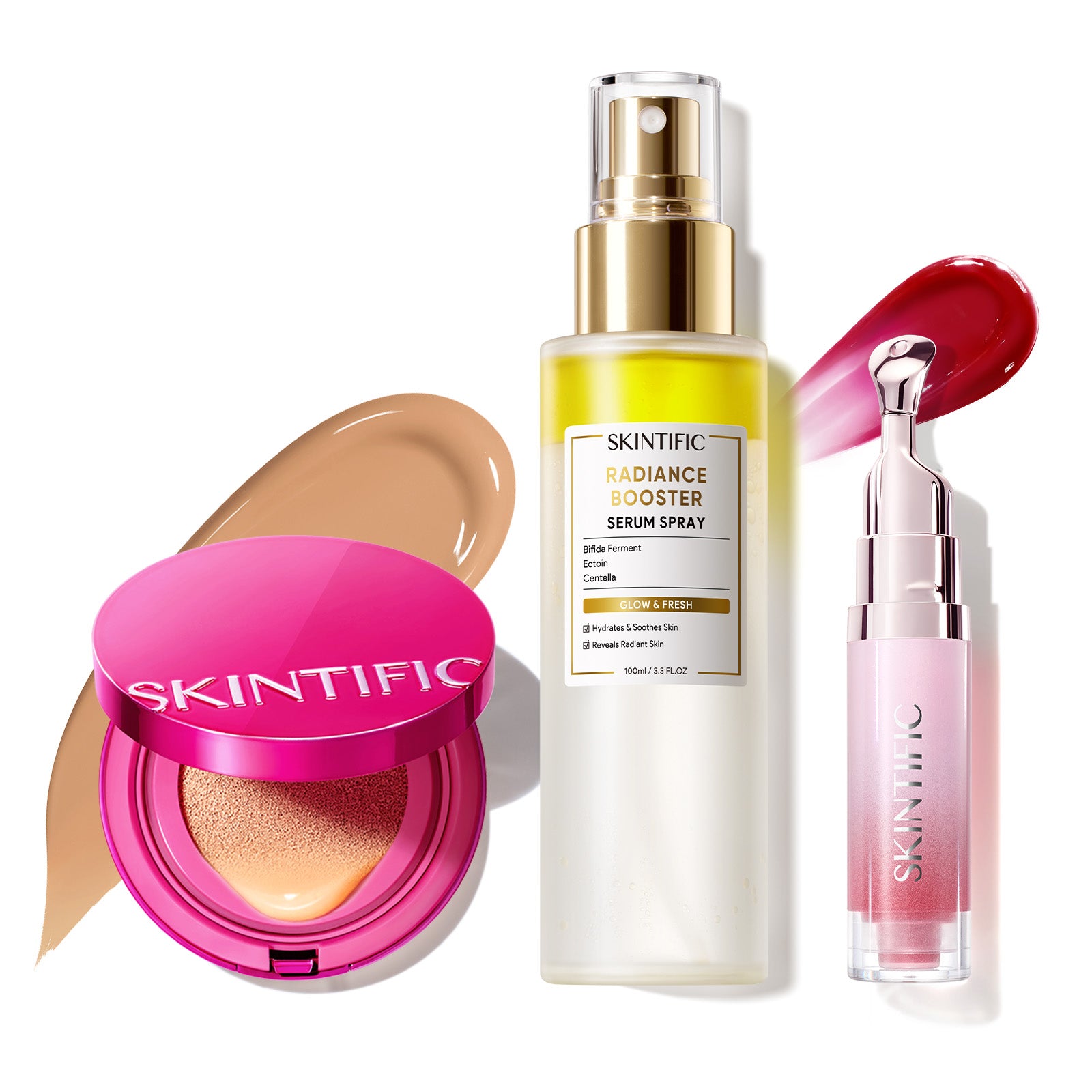 Cushion Glow Cover + Spray Sérum Potenciador + Sérum Labial